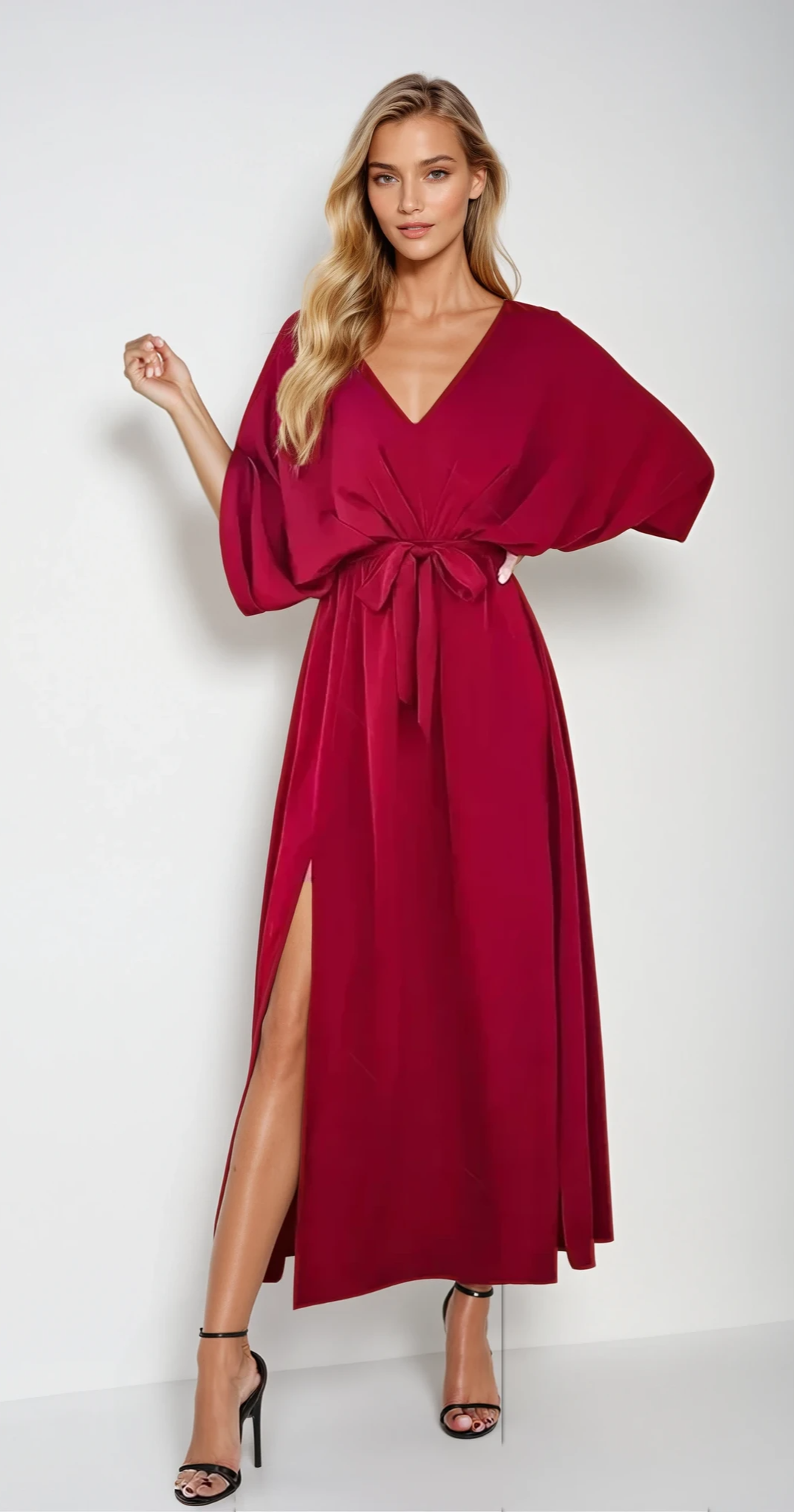 COASTAL CHARM – Kleid mit Schlitz, V-Ausschnitt und gebundenen Ärmeln