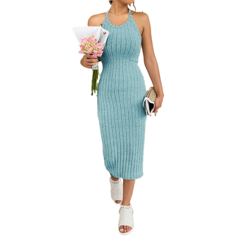 Damen Midi Kleid Halbhals Weste Slim Fit Sommerkleid Atmungsaktiv S-XL-3