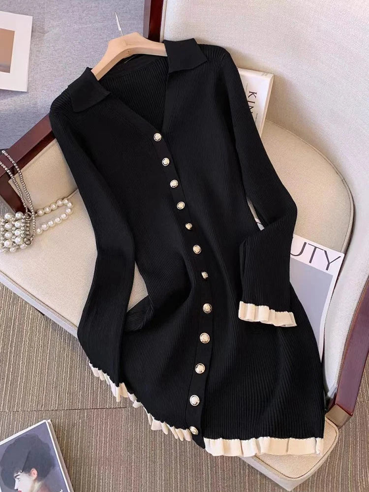Damen Kleid Langarm V-Ausschnitt Mini Figurbetont Vintage Eleganz Baumwolle-5