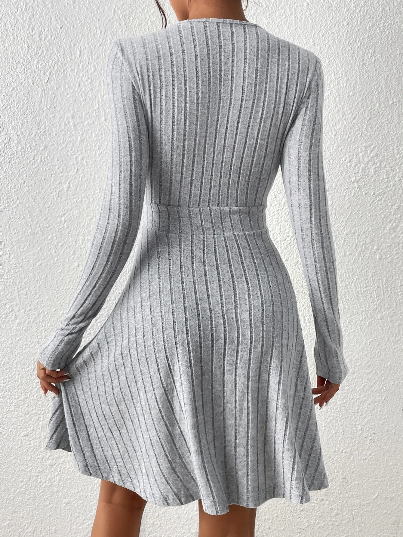 Damen Abendkleid Langarm V-Ausschnitt Schwarz Midi Strick Kleid-2