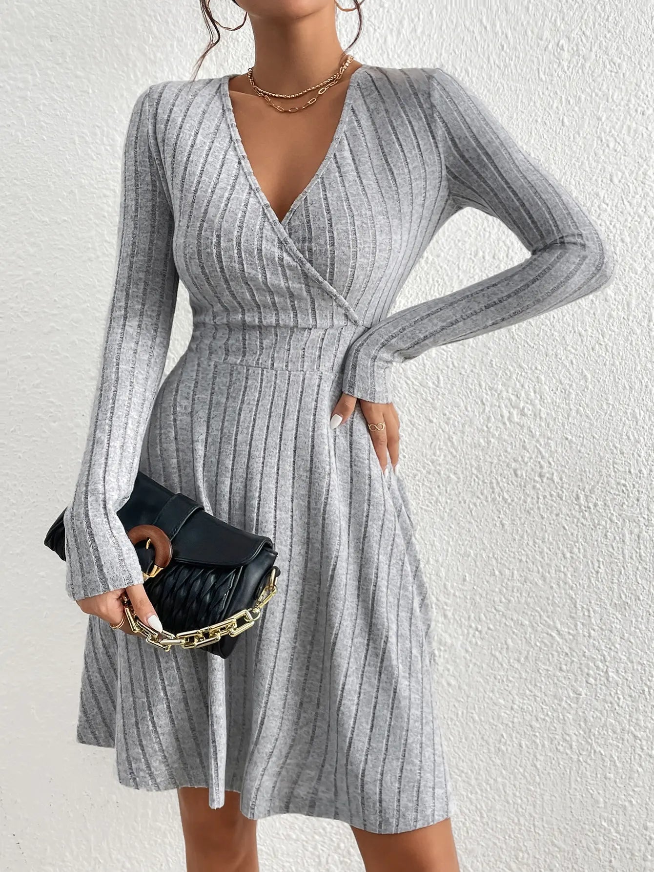 Damen Abendkleid Langarm V-Ausschnitt Midi Strickkleid Herbst Winter Schwarz S-XL-3
