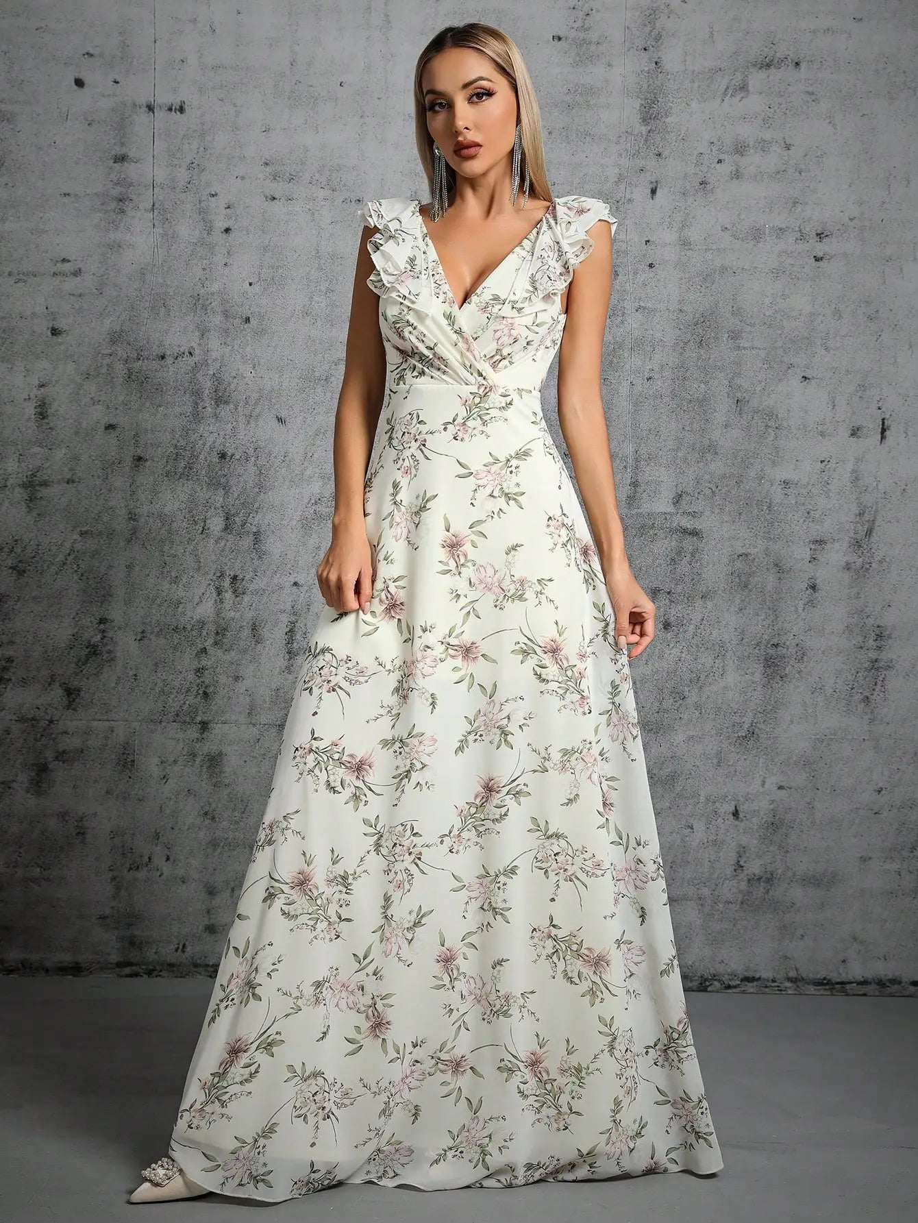 Damen Abendkleid Lang Gekräuselte Rotatorenmanschette Plissierter Rücken Elegantes Kleid für Hochzeiten und Bälle-1