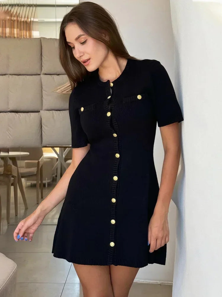 Damen Mini Strickkleid Kurzarm Hohe Taille Slim Fit Elegantes Kleid in Variablen Farben-1
