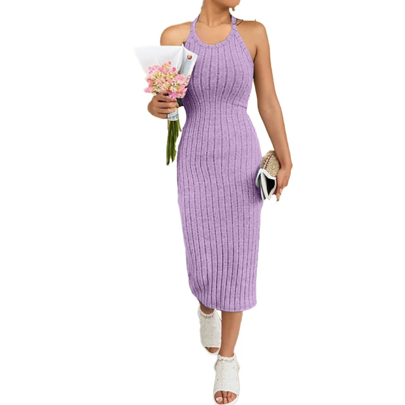 Damen Midi Kleid Halbhals Weste Slim Fit Sommerkleid Atmungsaktiv S-XL-5