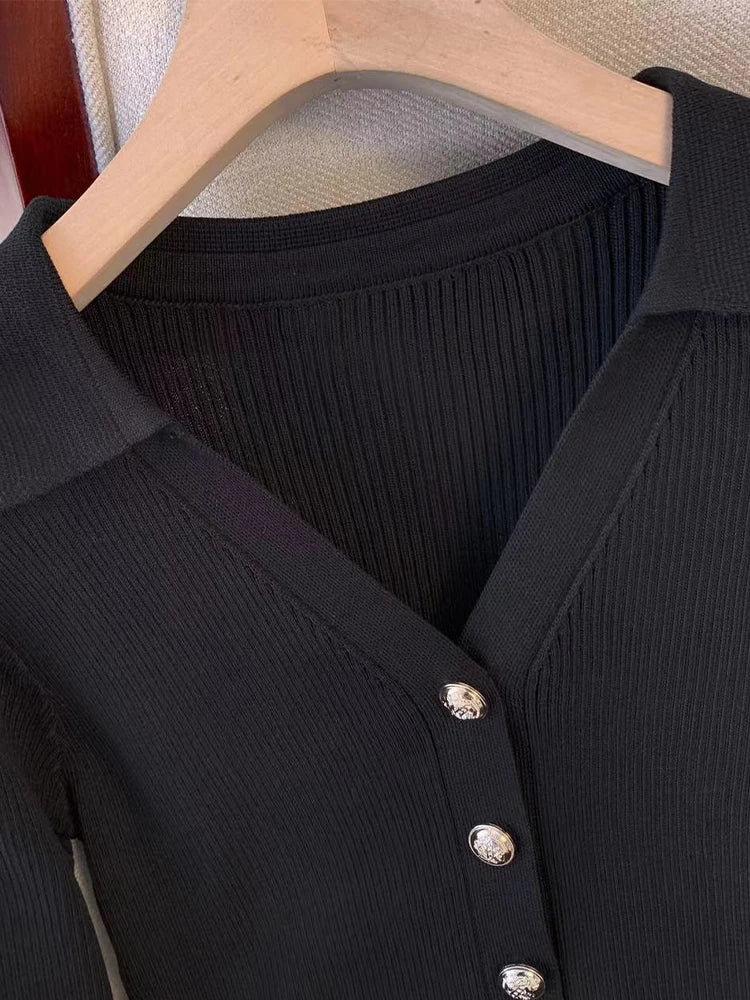 Damen Kleid Langarm V-Ausschnitt Mini Figurbetont Vintage Eleganz Baumwolle-3