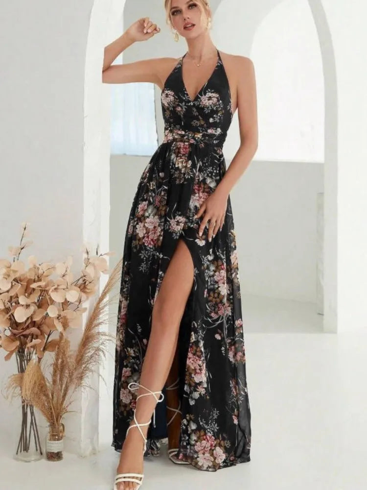 Damen Chiffon Kleid Blumendruck Halfter V-Ausschnitt Sommer Elegant S M L XL-4
