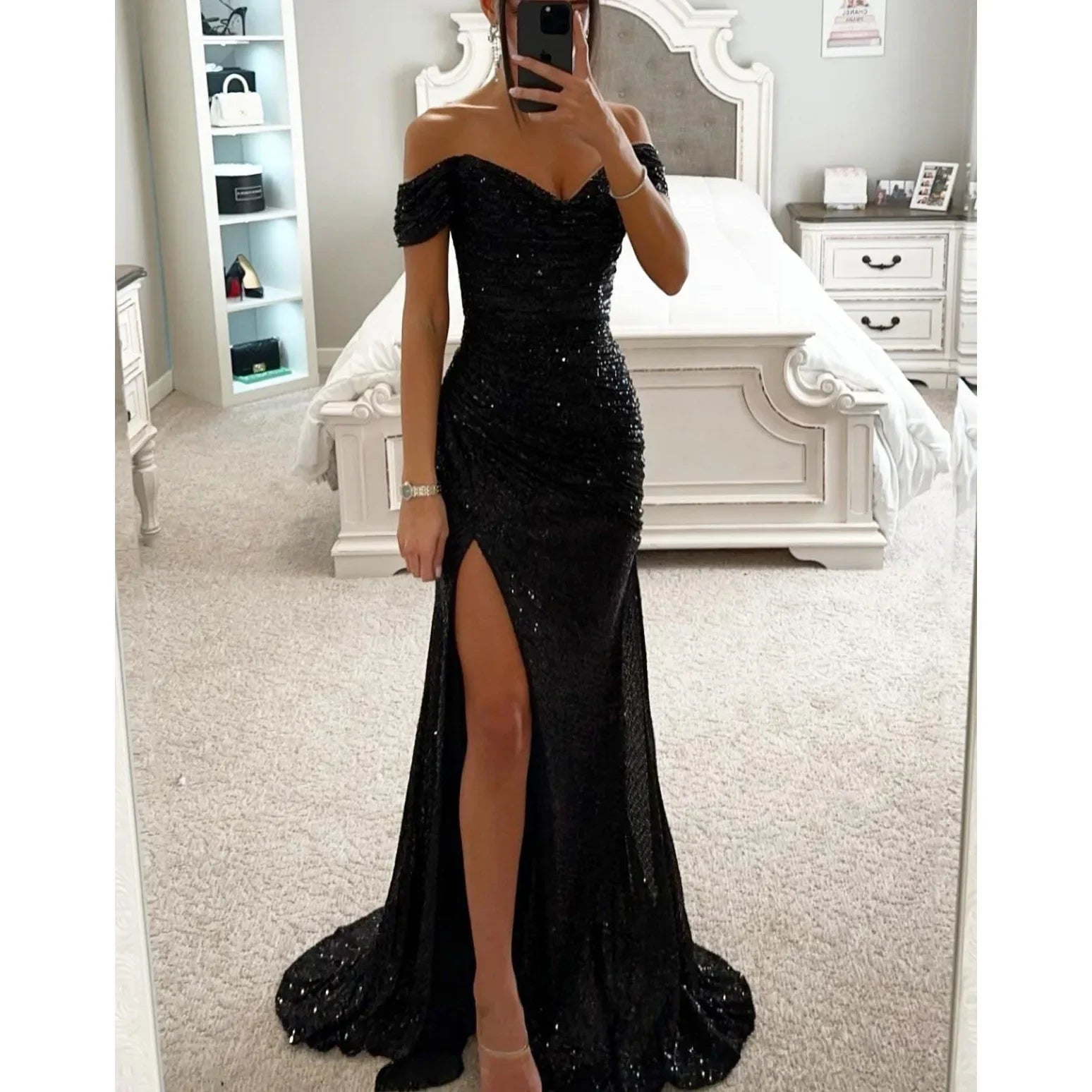 Damen Partykleid Trägerlos Pailletten Hohe Taille Bodenlang Festlich Hochzeitsgast Kleid-5