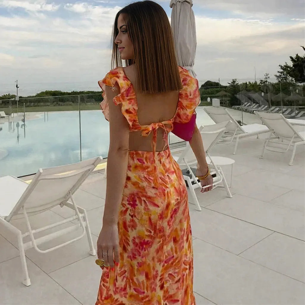 Damen Maxikleid Sommer V-Ausschnitt Gekräuselt Boho Stil mit Batwing-Ärmeln 100% Polyester-3