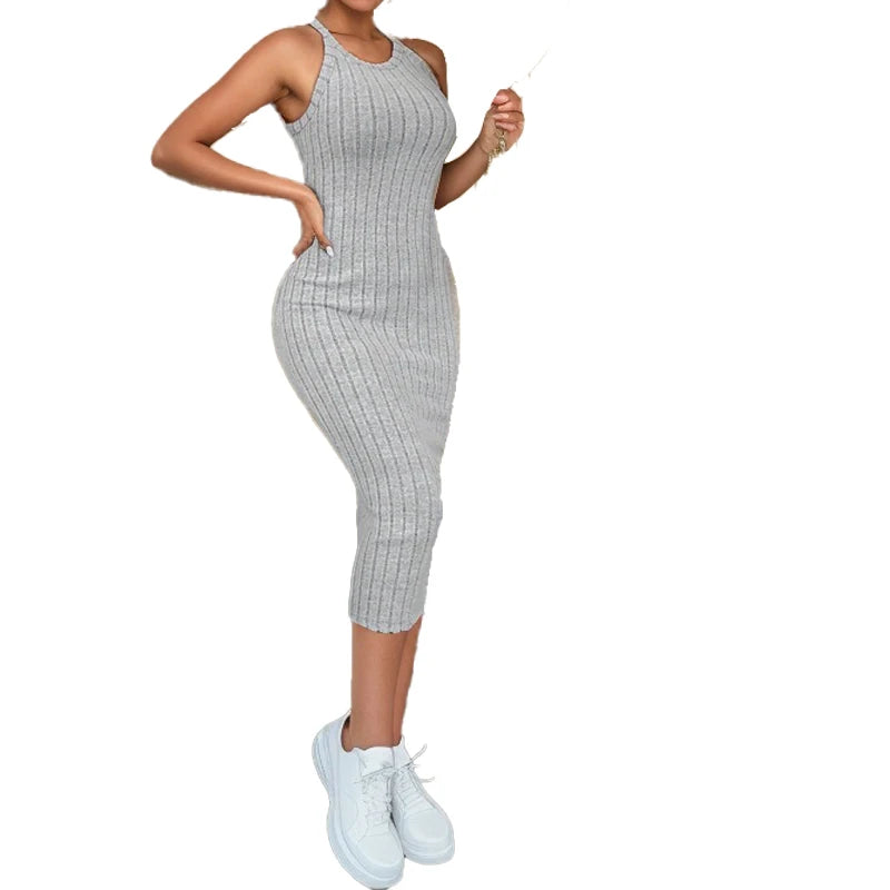 Damen Midi Kleid Halbhals Weste Slim Fit Sommerkleid Atmungsaktiv S-XL-4