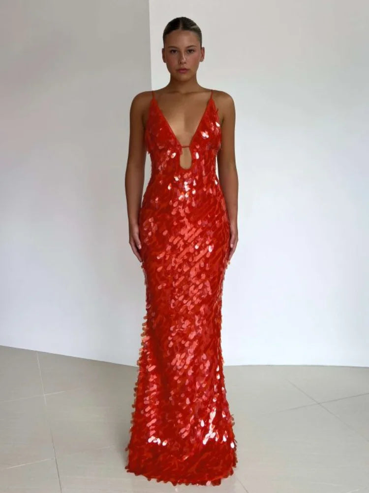 Damen Abendkleid Lang Glitzer Pailletten Spaghetti-Träger Rückenfrei Hohe Taille Bodenlang-4
