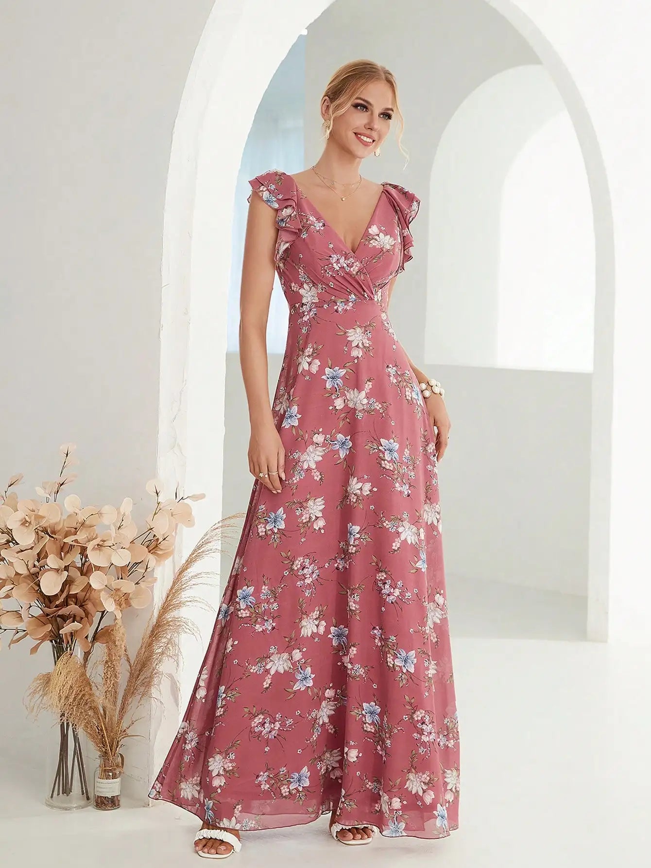 Variant image for Damen Abendkleid Lang Gekräuselte Rotatorenmanschette Plissierter Rücken Elegantes Kleid für Hochzeiten und Bälle-3
