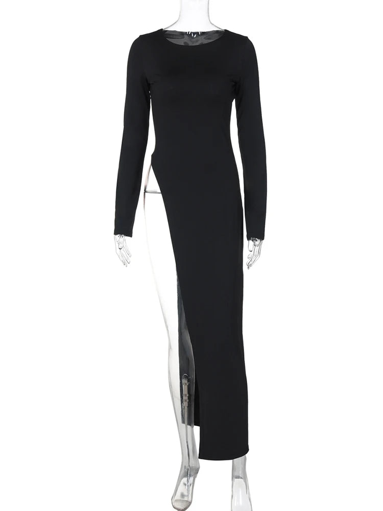 Schwarzes Maxikleid Langarm Asymmetrisch Hoher Schlitz Festlich für Frauen-5