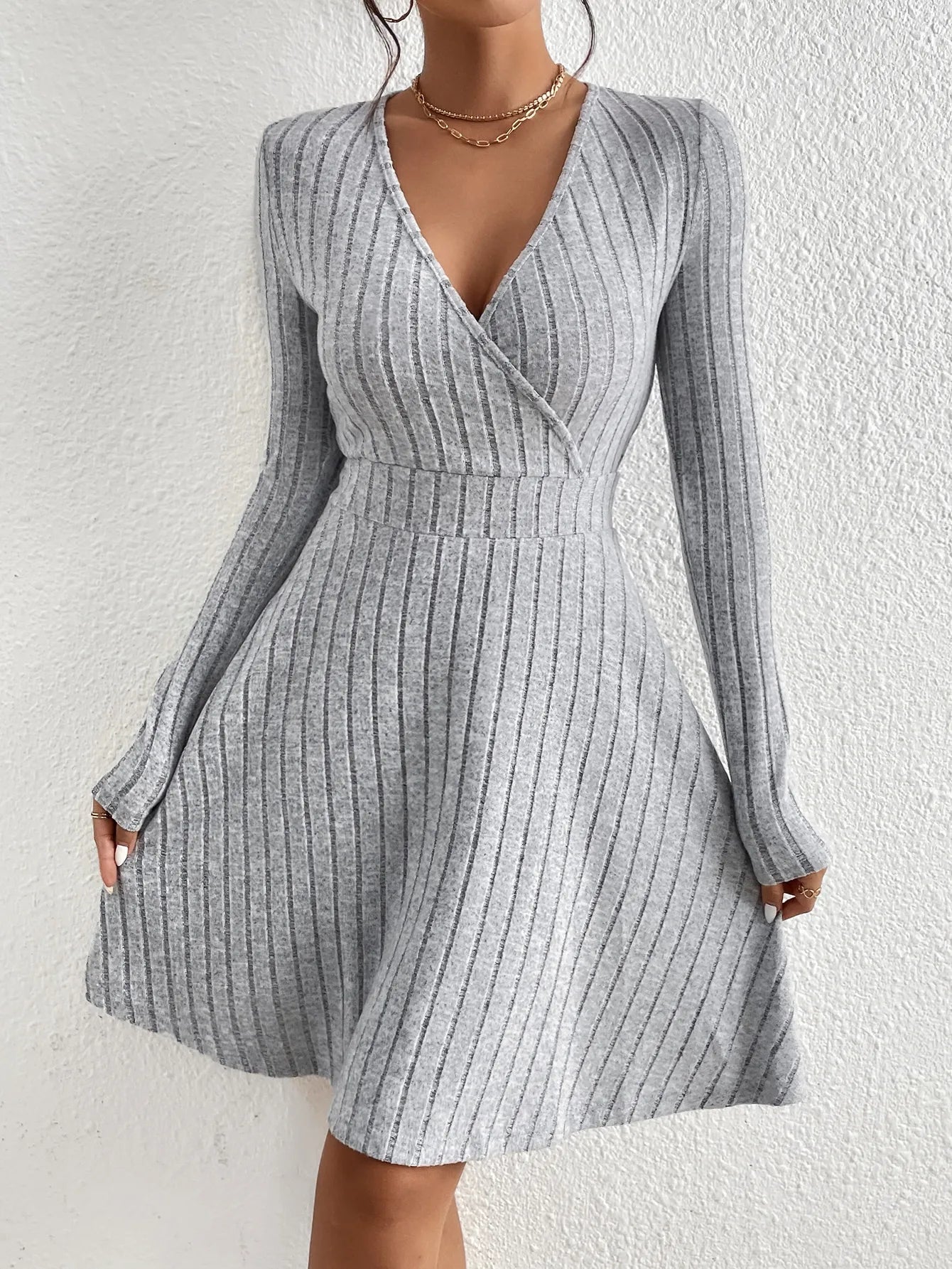 Damen Abendkleid Langarm V-Ausschnitt Schwarz Midi Strick Kleid-4