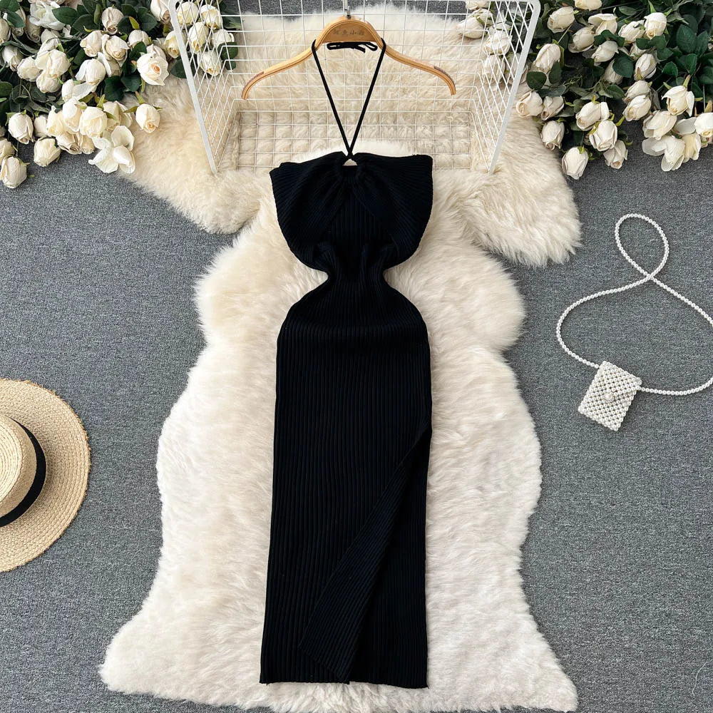 Damen Strickkleid Lang Schwarz Mit Schlitz Figurbetont Einheitsgröße für Elegante Anlässe-4