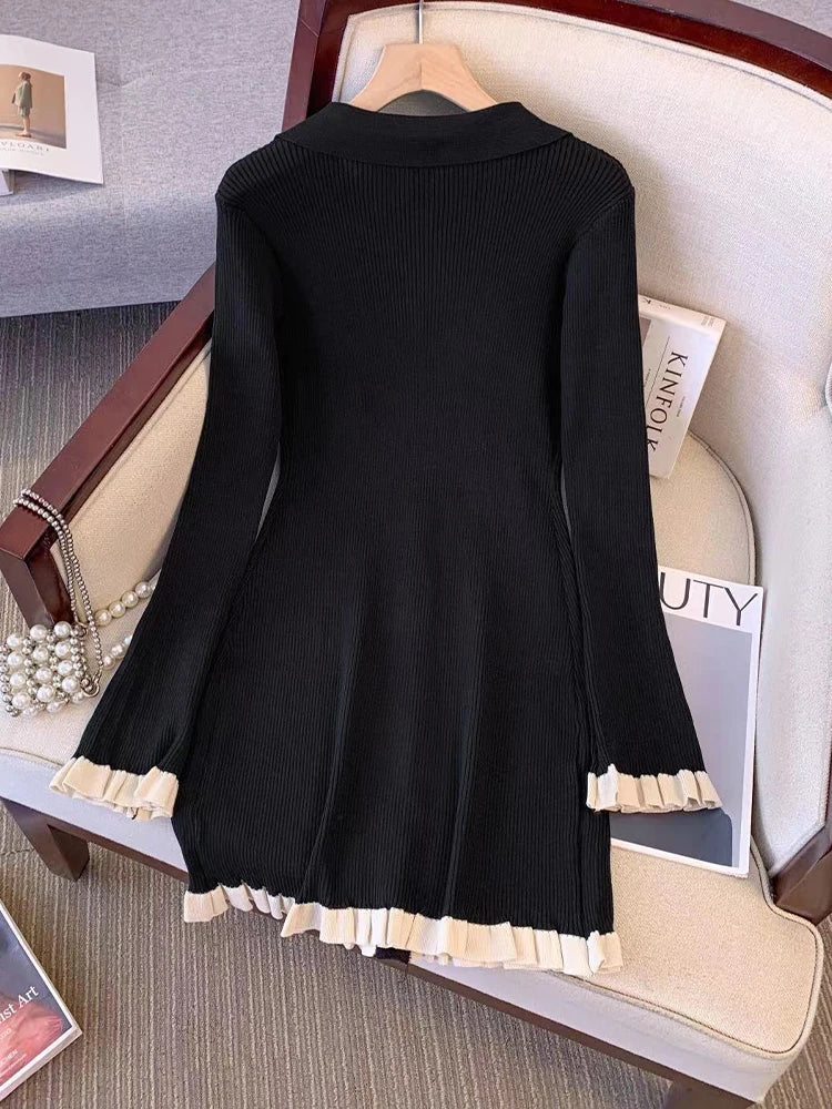 Damen Kleid Langarm V-Ausschnitt Mini Figurbetont Vintage Eleganz Baumwolle-2