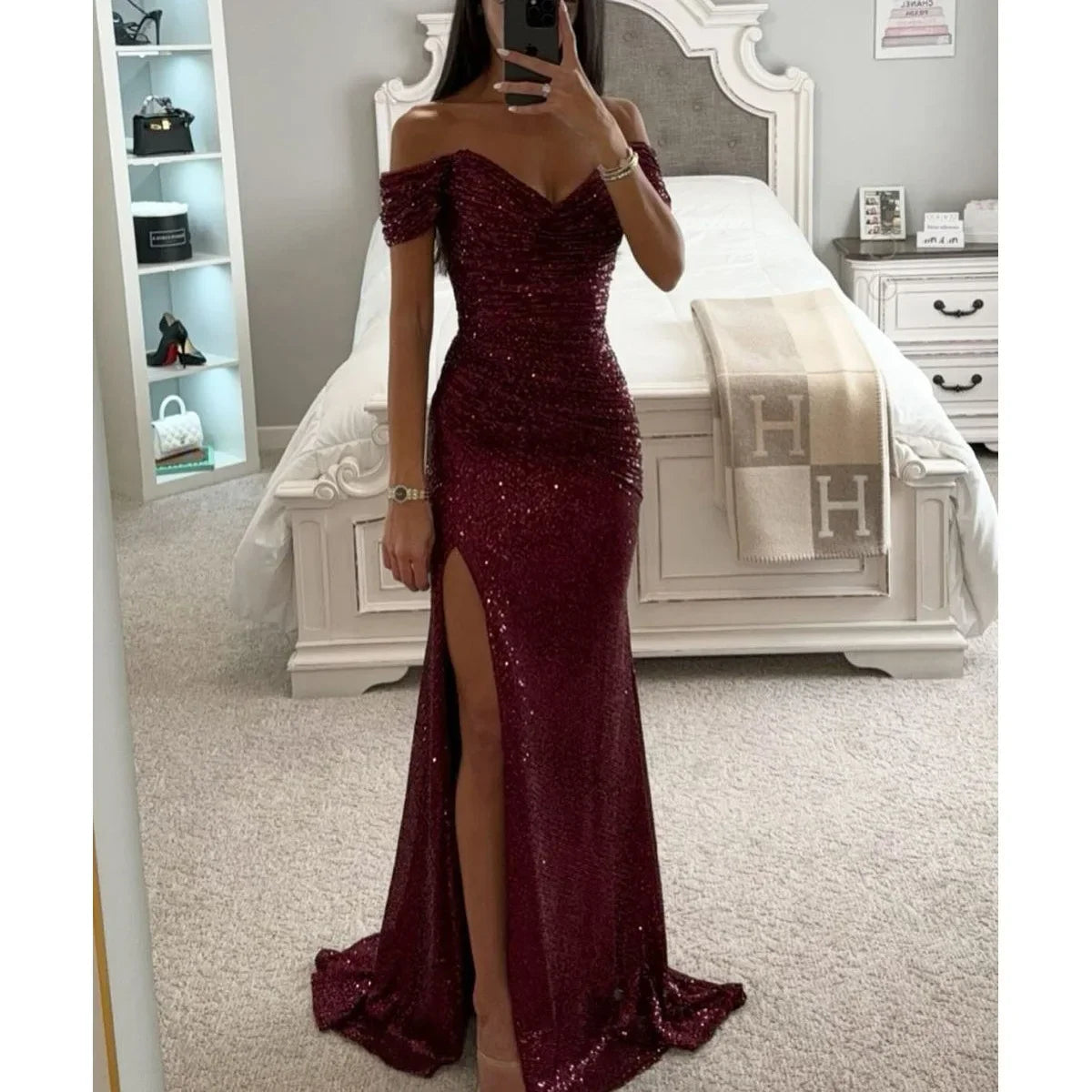 Damen Partykleid Trägerlos Pailletten Hohe Taille Bodenlang Festlich Hochzeitsgast Kleid-2