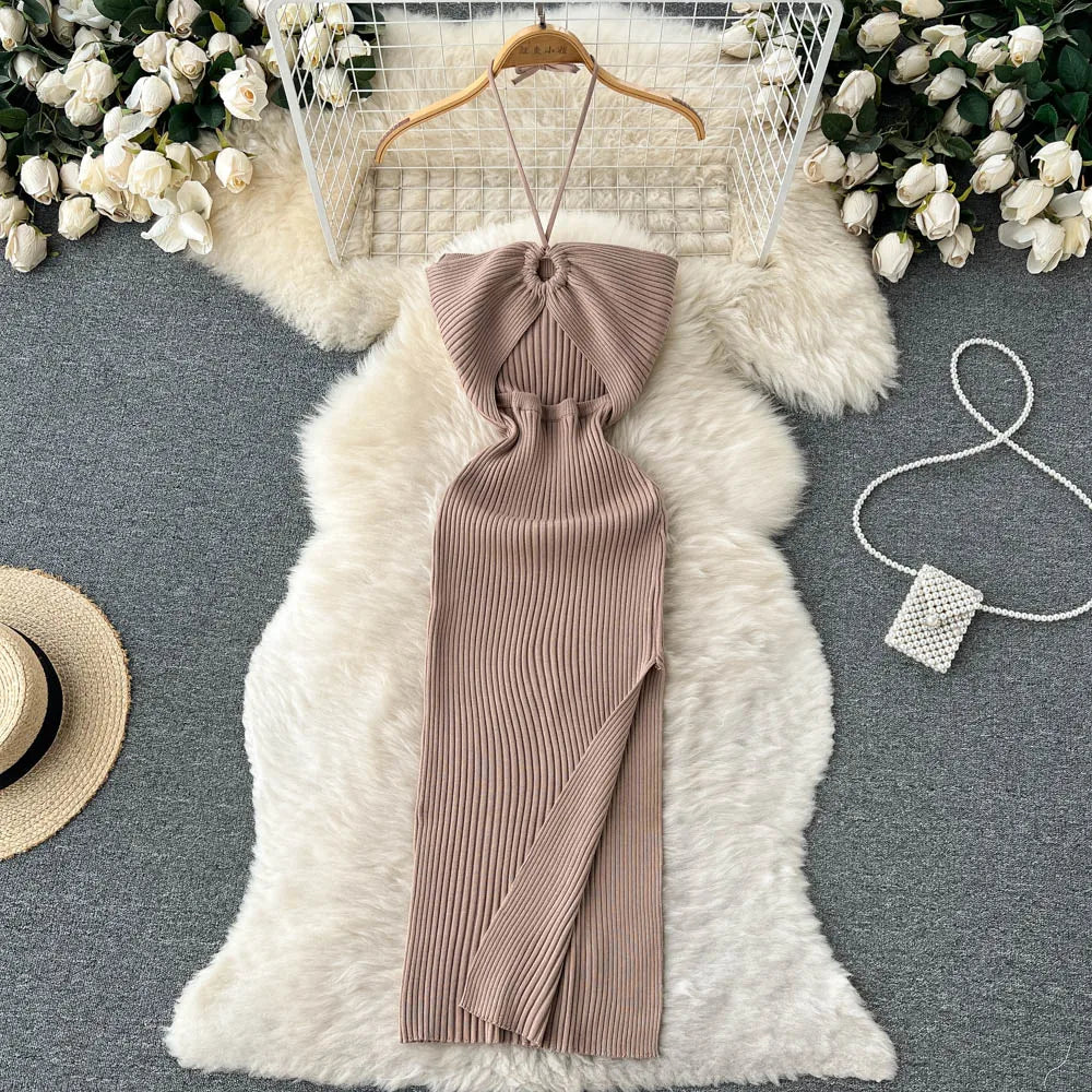 Variant image for Damen Strickkleid Lang Schwarz Mit Schlitz Figurbetont Einheitsgröße für Elegante Anlässe-4