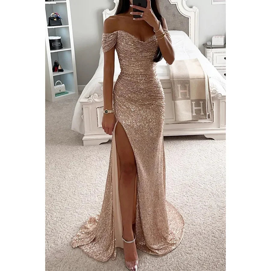 Variant image for Damen Partykleid Trägerlos Pailletten Hohe Taille Bodenlang Festlich Hochzeitsgast Kleid-10