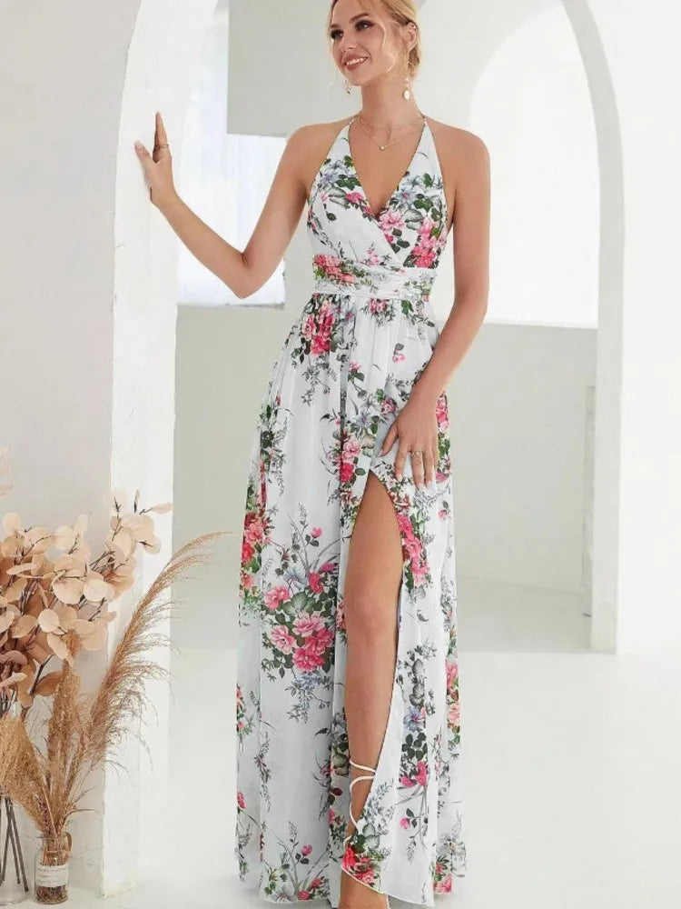 Damen Chiffon Kleid Blumendruck Halfter V-Ausschnitt Sommer Elegant S M L XL-5