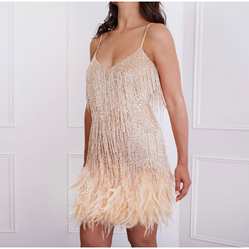 Variant image for Damen Cocktailkleid Weiß Spaghettiträger Pailletten Federn Festlich für Hochzeiten-17