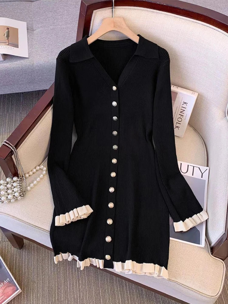 Damen Kleid Langarm V-Ausschnitt Mini Figurbetont Vintage Eleganz Baumwolle-1