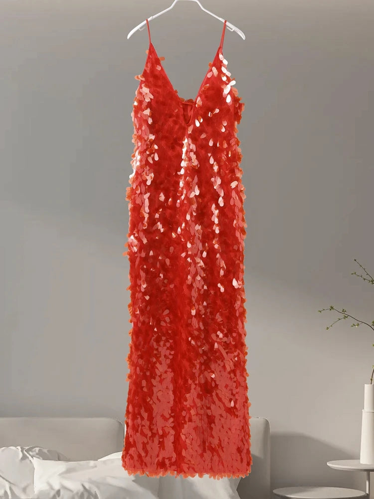 Damen Abendkleid Lang Glitzer Pailletten Spaghetti-Träger Rückenfrei Hohe Taille Bodenlang-5