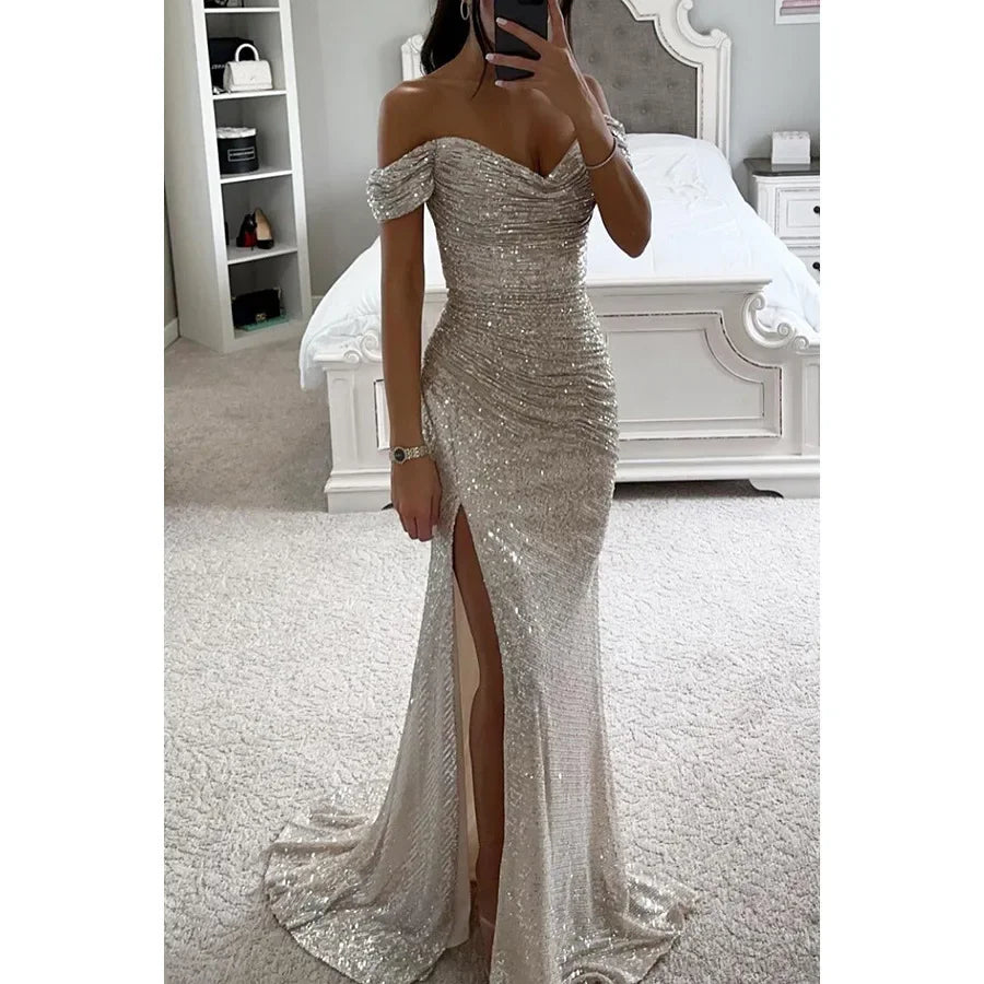 Damen Partykleid Trägerlos Pailletten Hohe Taille Bodenlang Festlich Hochzeitsgast Kleid-3