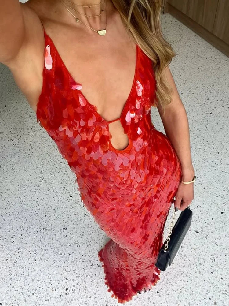 Damen Abendkleid Lang Glitzer Pailletten Spaghetti-Träger Rückenfrei Hohe Taille Bodenlang-2