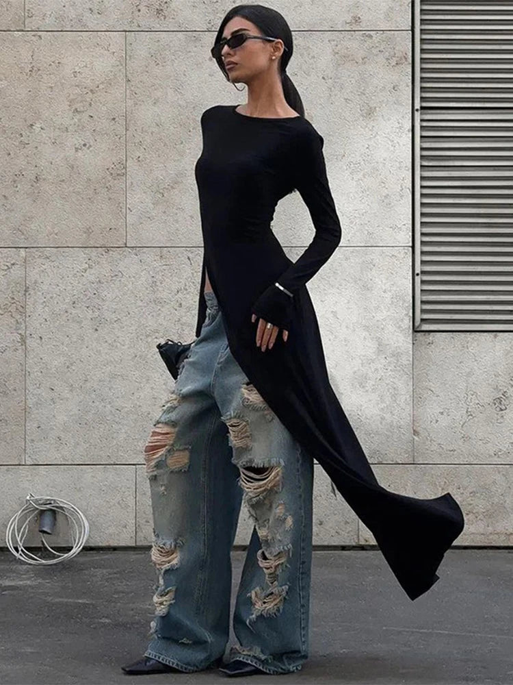 Schwarzes Maxikleid Langarm Asymmetrisch Hoher Schlitz Festlich für Frauen-3