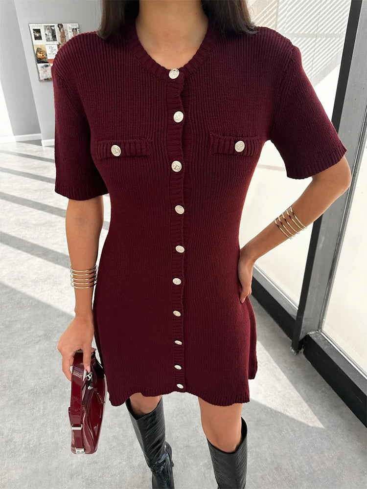 Variant image for Damen Mini Strickkleid Kurzarm Hohe Taille Slim Fit Elegantes Kleid in Variablen Farben-5