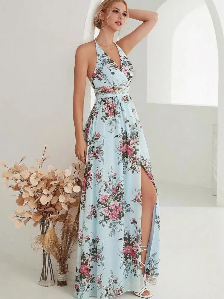 Damen Chiffon Kleid Blumendruck Halfter V-Ausschnitt Sommer Elegant S M L XL-3
