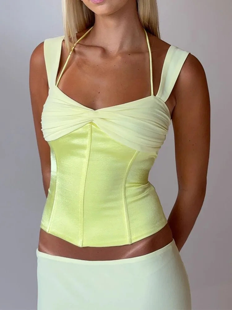 Damen Set Zweiteilig Patchwork Rückenfreies Oberteil Spaghetti-Träger Langer Rock Enganliegend S M L XL-4