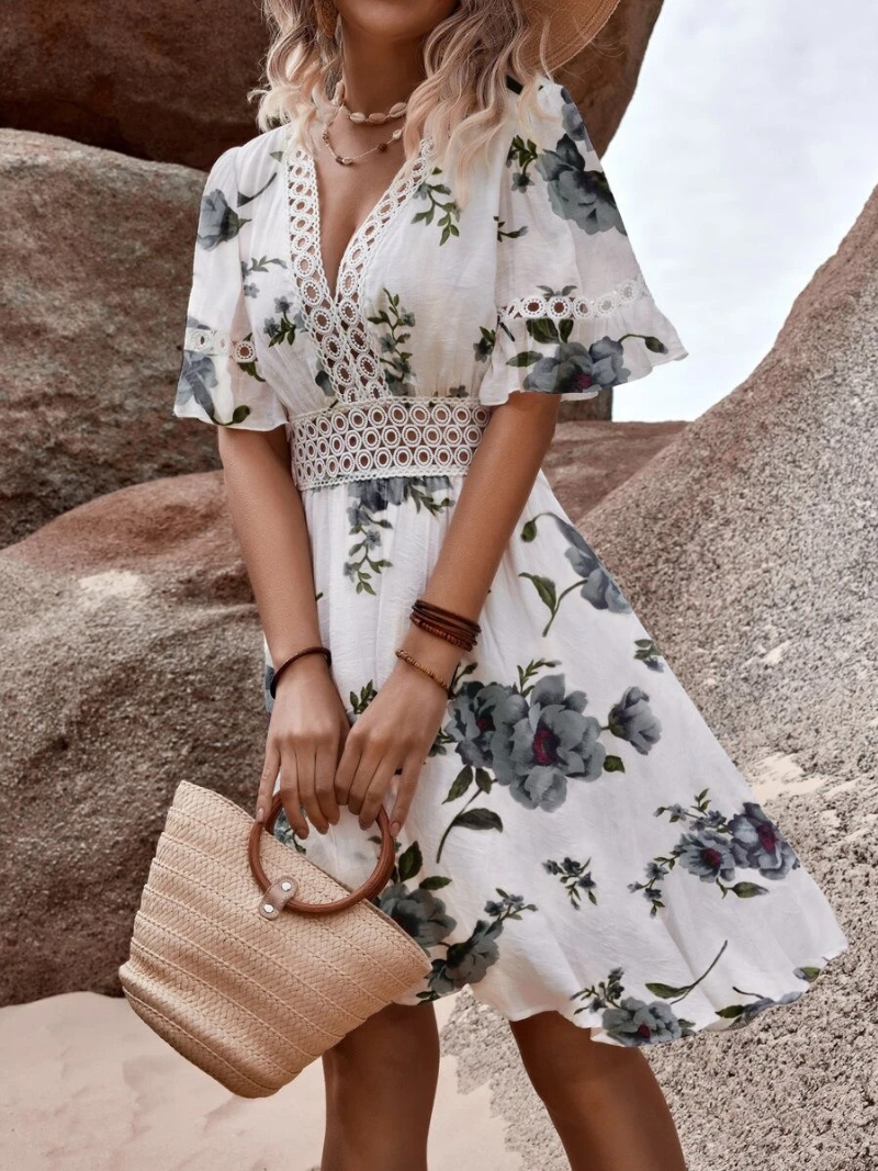 Damen Kleid Sommer Kurze Ärmel Blumig Weiß Spitze Baumwolle S-2XL-3