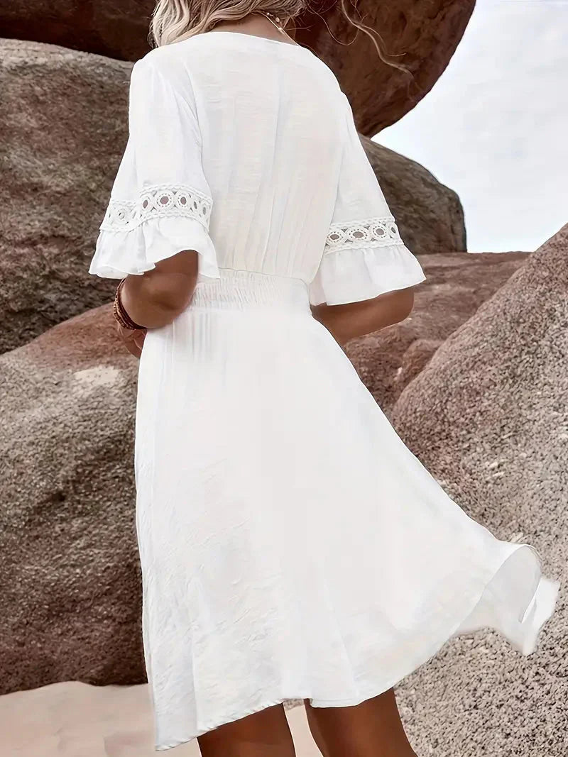 Damen Kleid Sommer Kurze Ärmel Blumig Weiß Spitze Baumwolle S-2XL-4