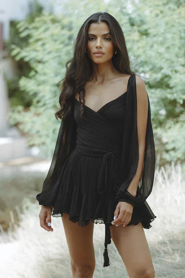 Damen Mini Kleid Elegant Integrierter Rock Schwarz Für Hochzeitsgast Sommerkleider-5