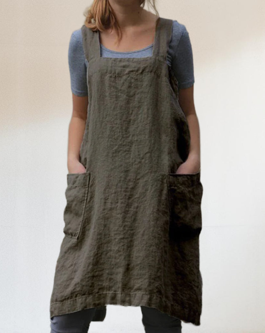 Damen Schürzenkleid Baumwolle Leinen Modernes Design mit Taschen S-XL-5