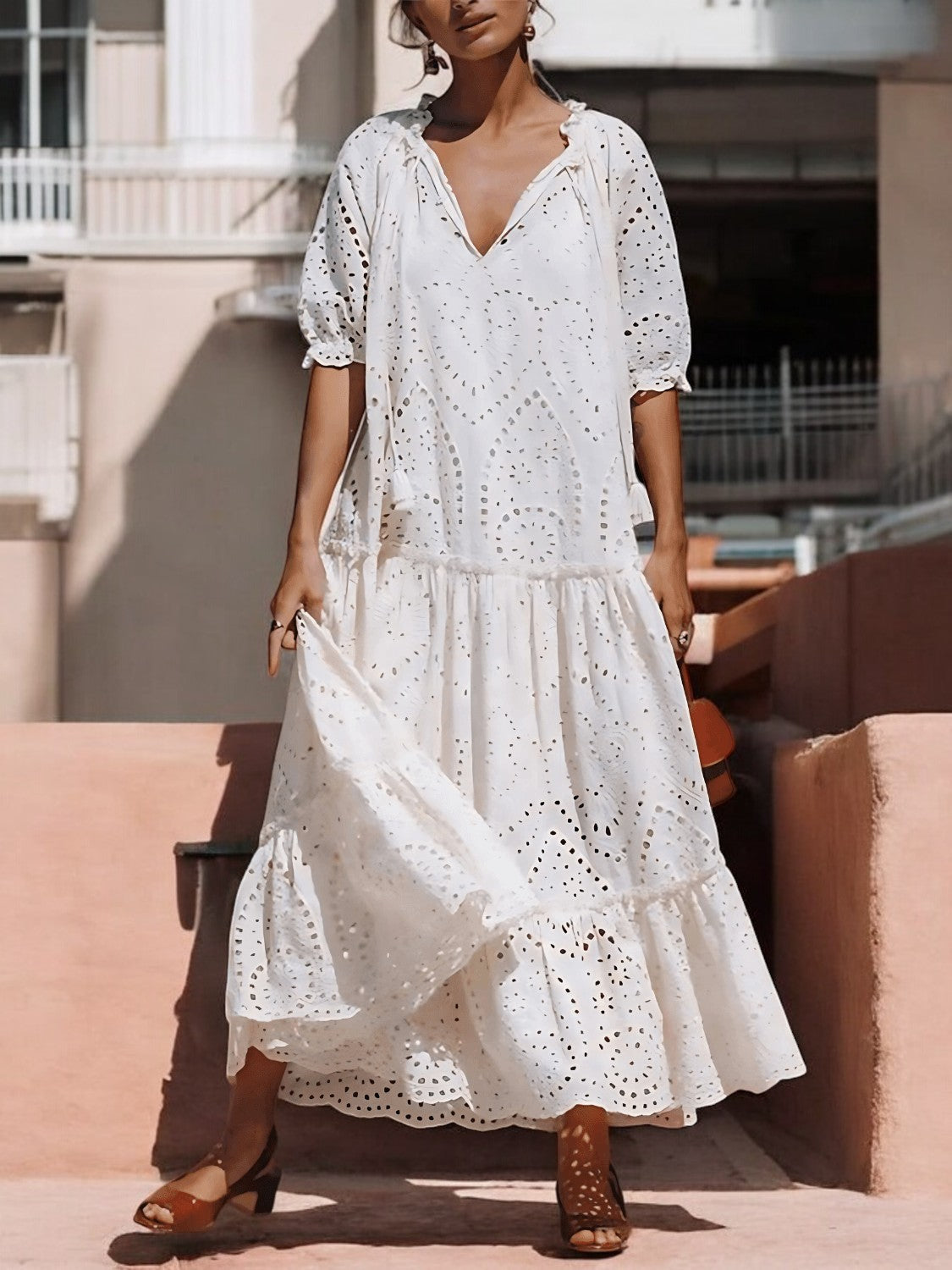 SOMMER CHIC – Baumwollkleid mit Bindegürtel und Volants