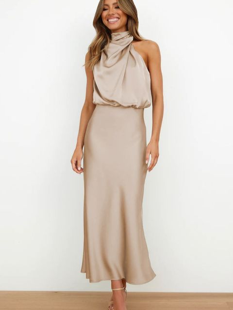 Damen Cocktailkleid Midilänge Satin Riemchen Stil Festlich Elegantes Kleid für Partys und besondere Anlässe-2