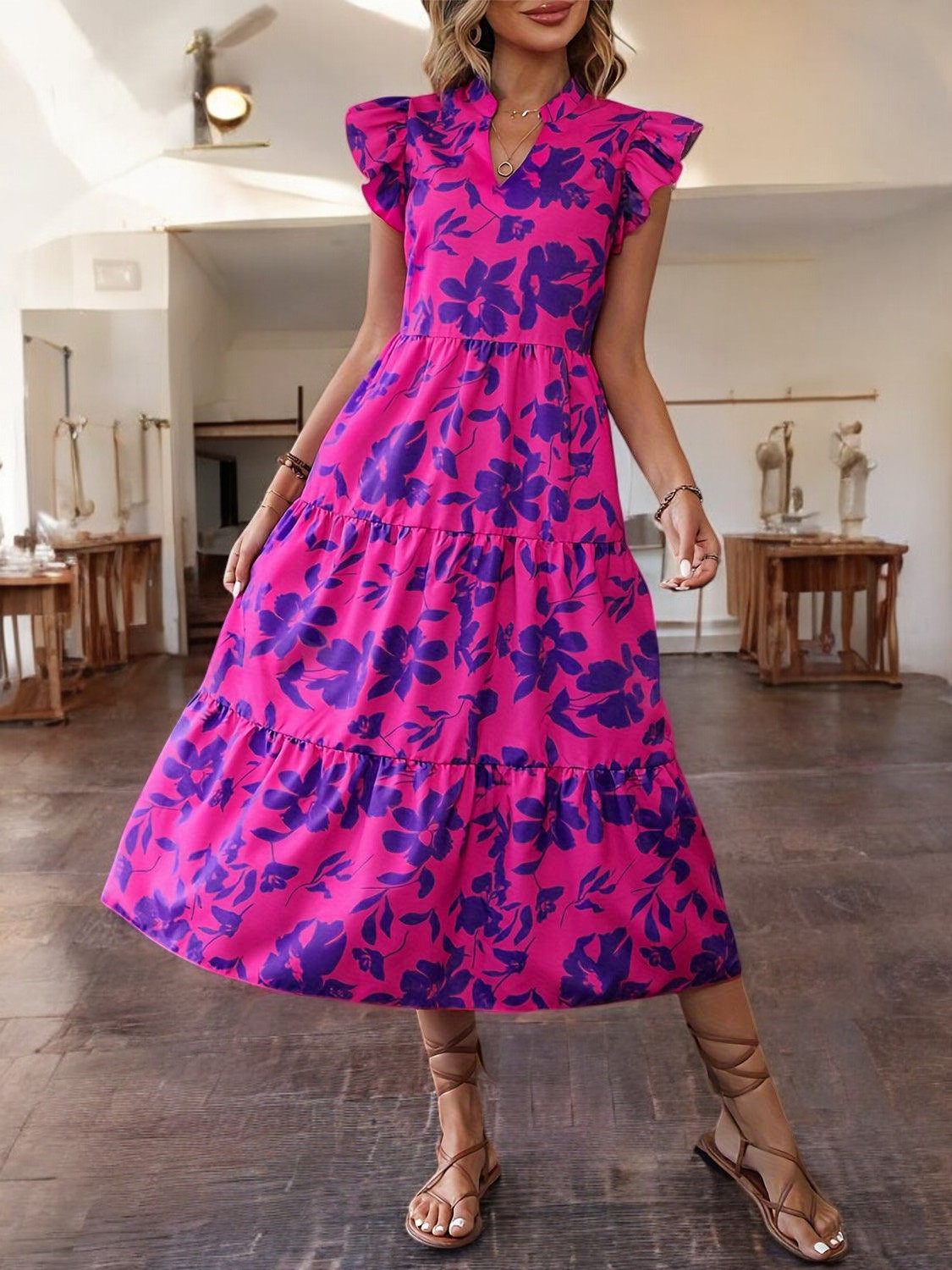 RUFFLED CAP SLEEVE MIDI DRESS – Elegantes Sommerkleid mit Rüschenärmeln