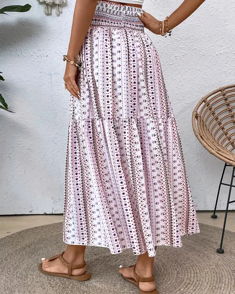 Damen Maxirock Lang Boho Muster Leicht Luftig Elastischer Bund S-3XL-4