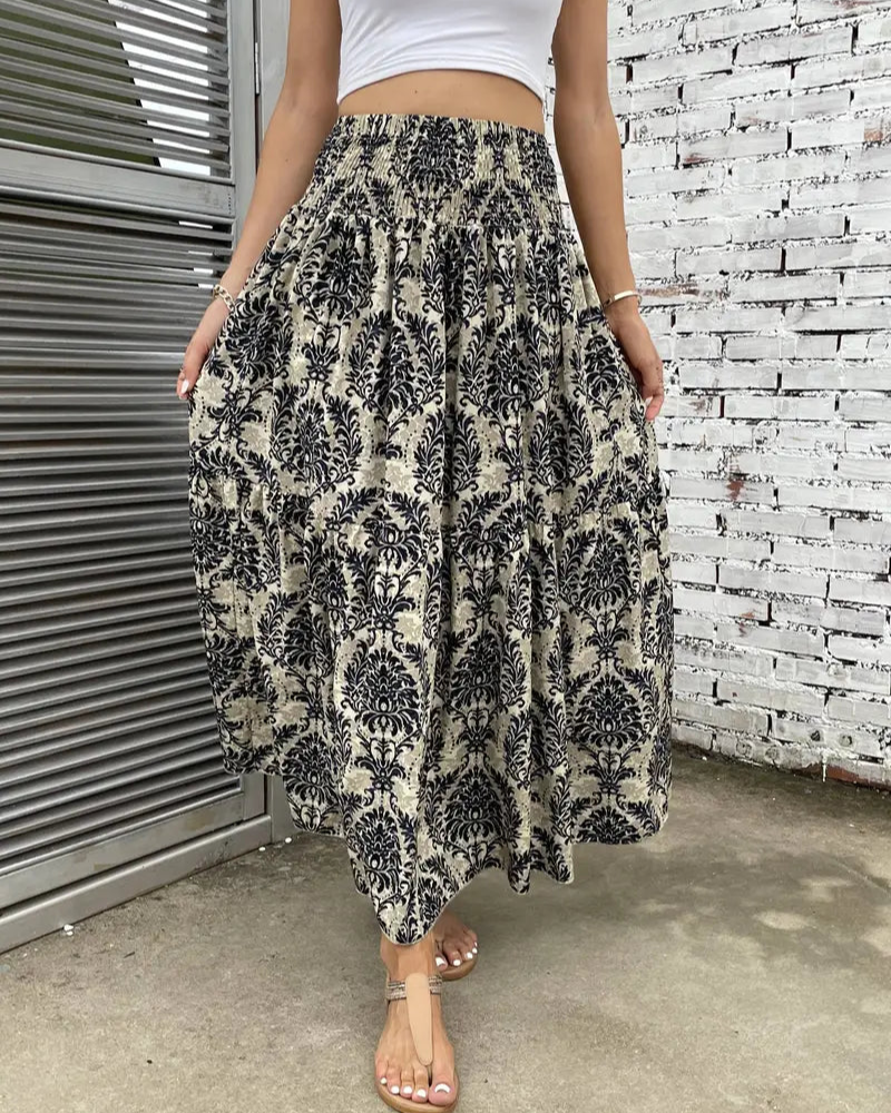 Damen Maxirock Lang Boho Muster Leicht Luftig Elastischer Bund S-3XL-5