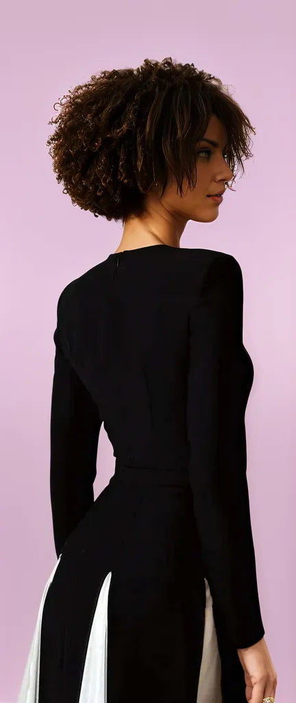 Maxikleid Damen Langarm Schwarz-Weiß Kontrast Elegant Vielseitig-3