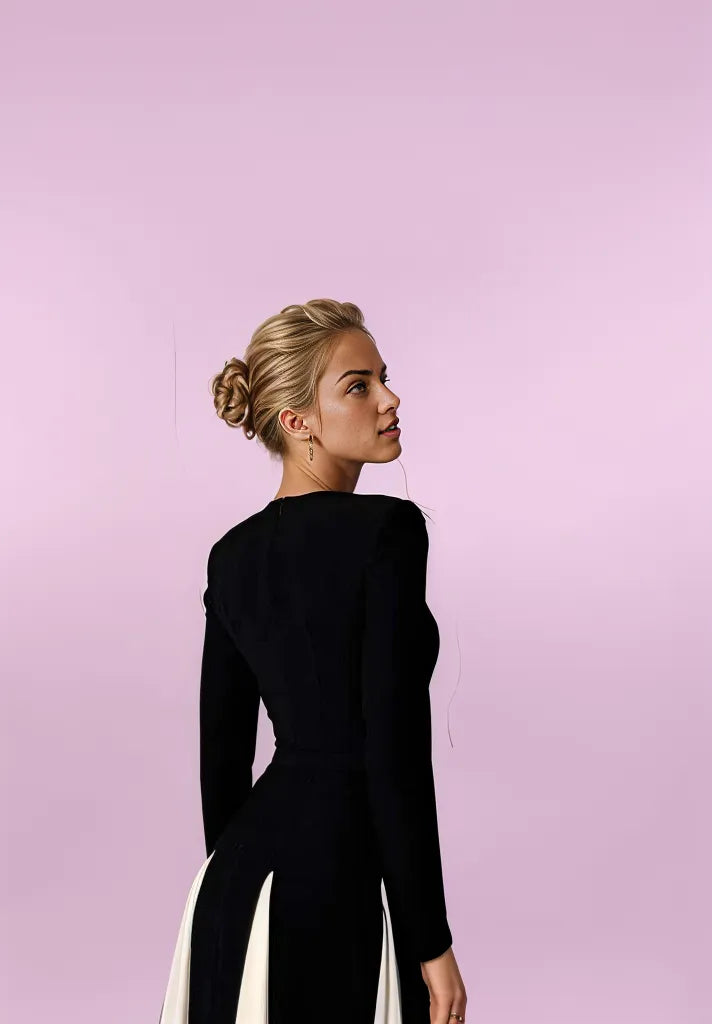 Maxikleid Damen Langarm Schwarz-Weiß Kontrast Elegant Vielseitig-5
