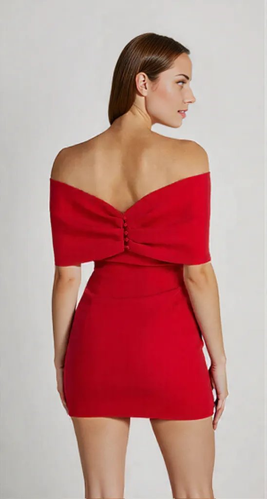 Damenkleid Off-Shoulder Mini mit Bogenakzent Rot Schwarz Weiß Festliche Kleider Größe S M L-4
