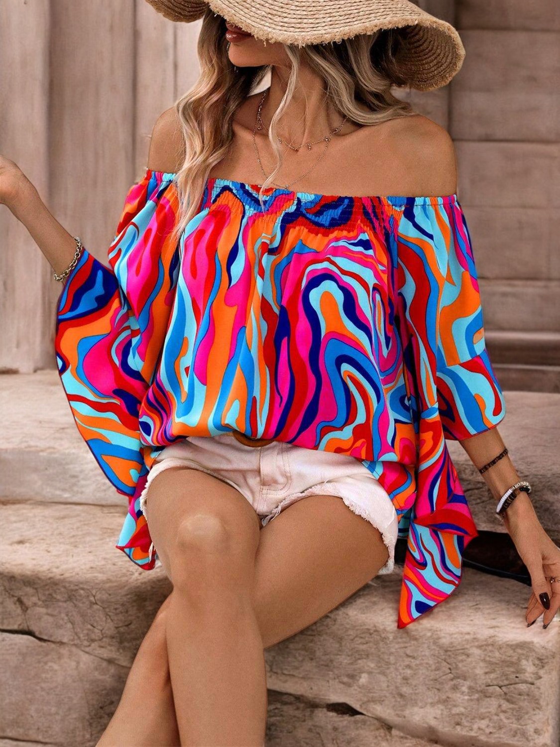 SUNNY ESCAPE – Bedruckte Off-Shoulder Bluse für Sommerlooks