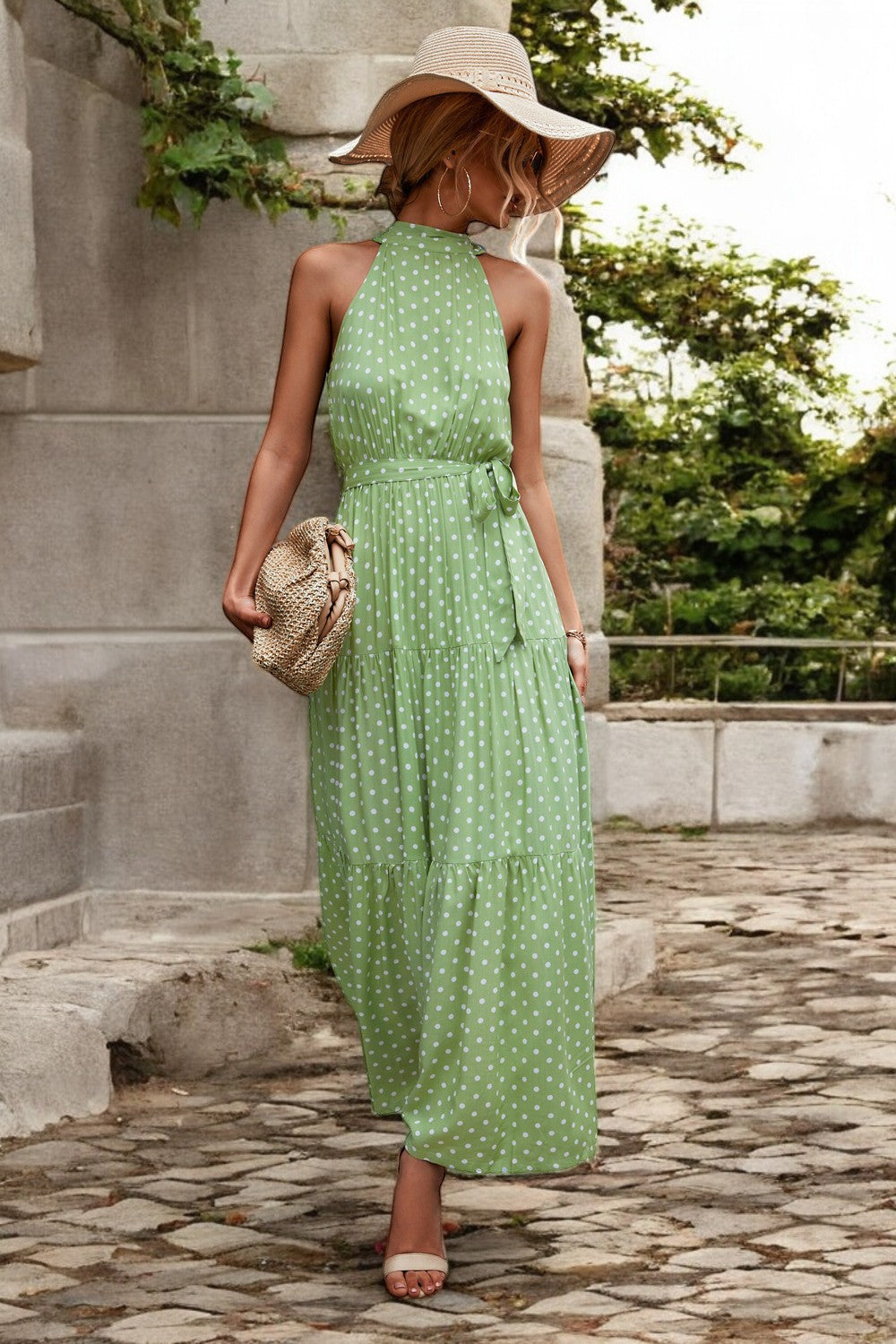 POLKA DOT MAXIKLEID – Langes Kleid mit Taillengürtel und Muster
