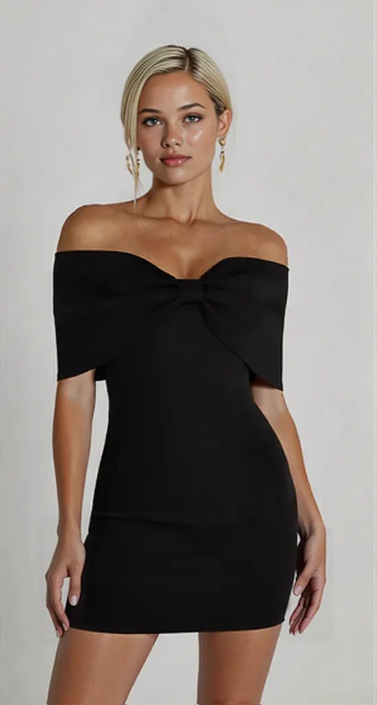 Variant image for Damenkleid Off-Shoulder Mini mit Bogenakzent Rot Schwarz Weiß Festliche Kleider Größe S M L-5