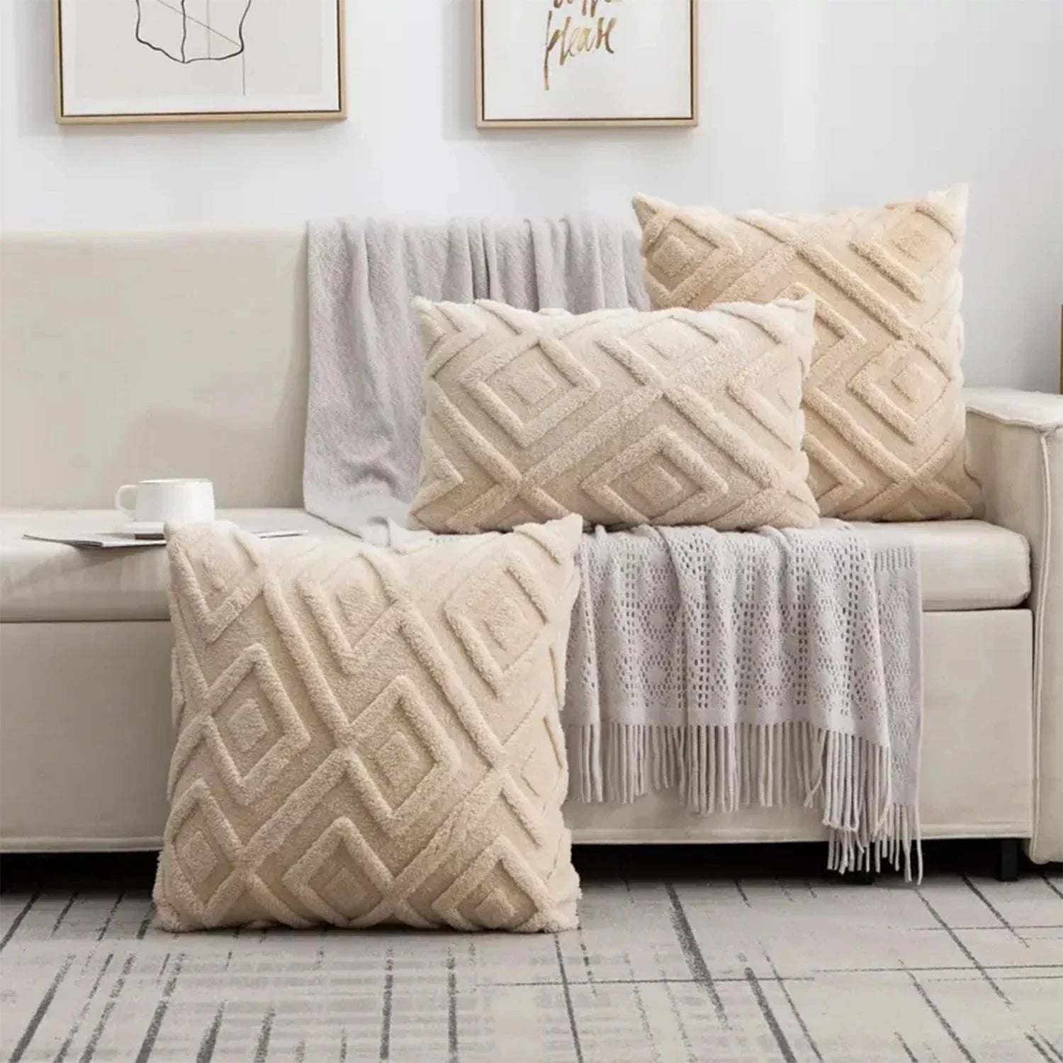 Kissenbezug 40x40 aus Weichem Plüsch-Jacquard mit Geometrischem Muster - Pflegeleicht und Modern-2