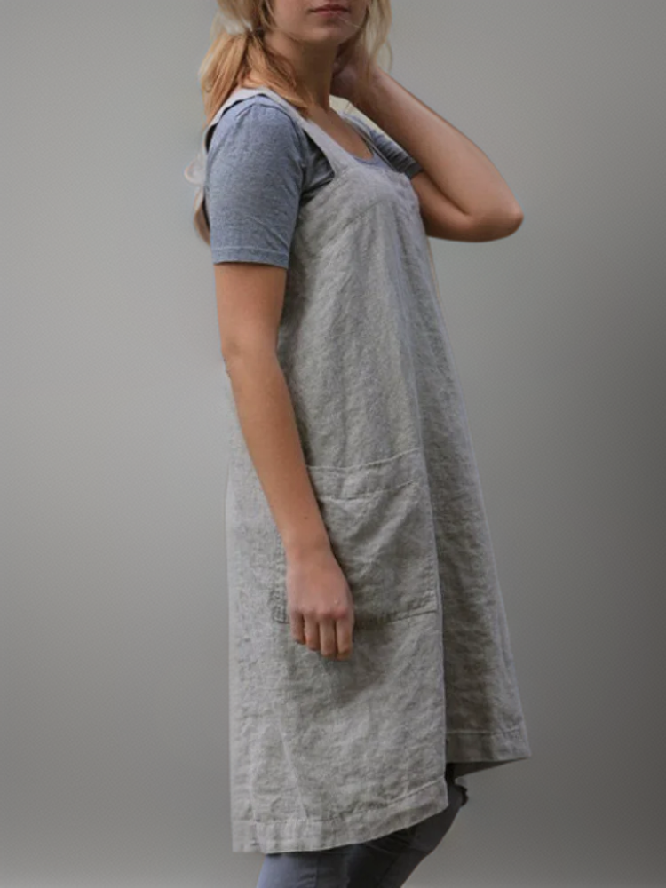 Damen Schürzenkleid Baumwolle Leinen Modernes Design mit Taschen S-XL-3