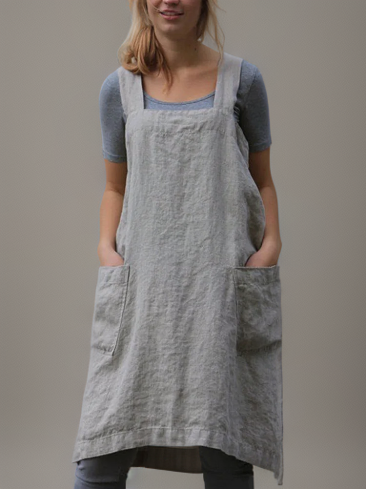 Damen Schürzenkleid Baumwolle Leinen Modernes Design mit Taschen S-XL-1